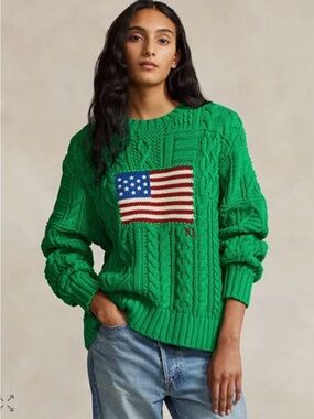 Polo by Ralph Lauren Green Cable-Knit Crew with American Flag